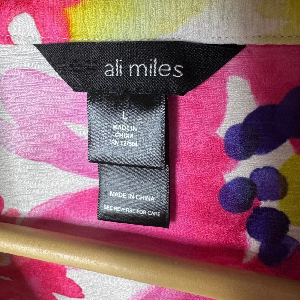 NEW Ali Miles Watercolor Floral Bell Sleeve Jacket Sz L Colorful Lagenlook Artsy